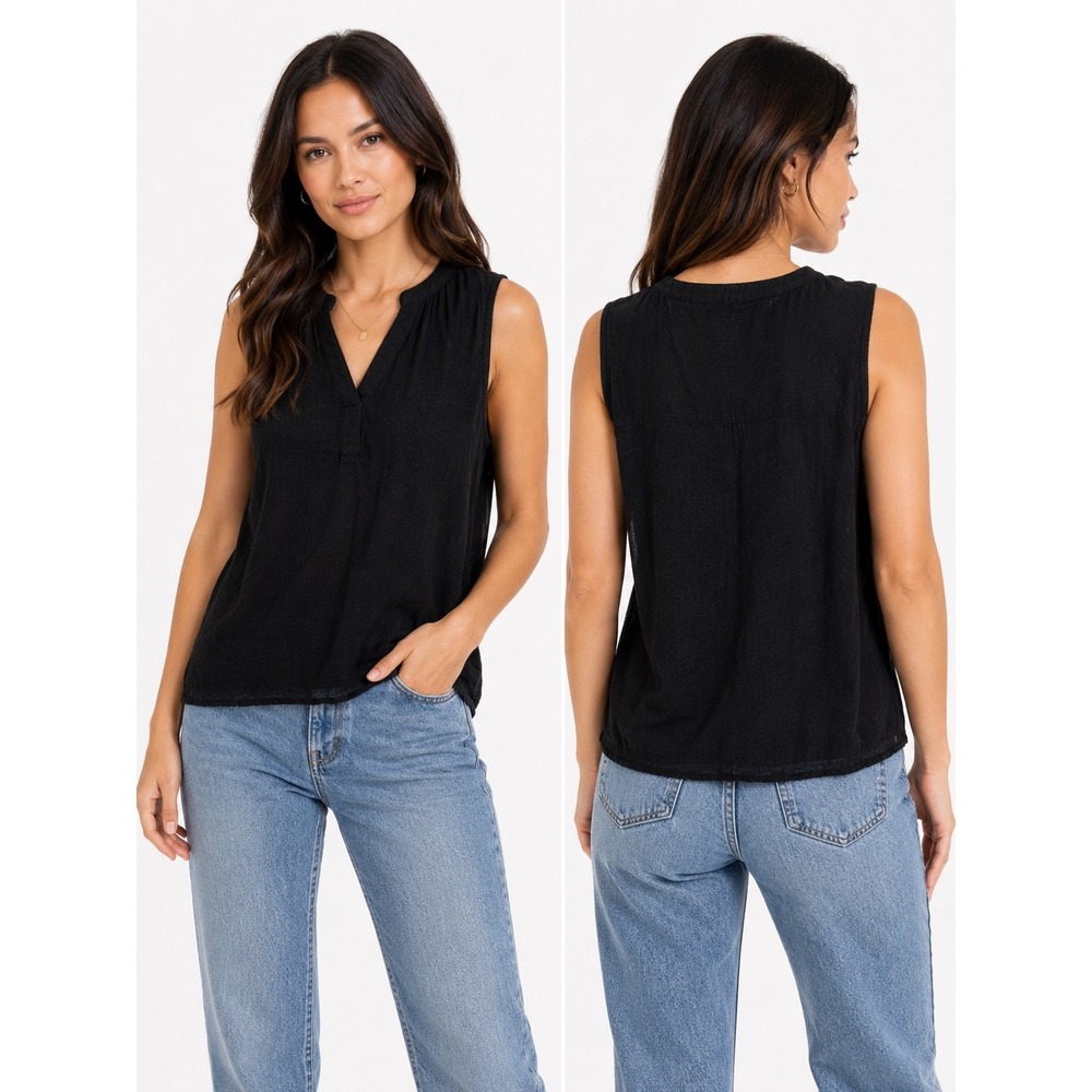 Sonoma Sleeveless Top Womens Large Black Cotton Gauze Split Neck Henley Blouse